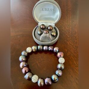 Freshwater Brown Pearl Set-Bracelet,2 pair earrings&14K White Gold/Diamonds Ring